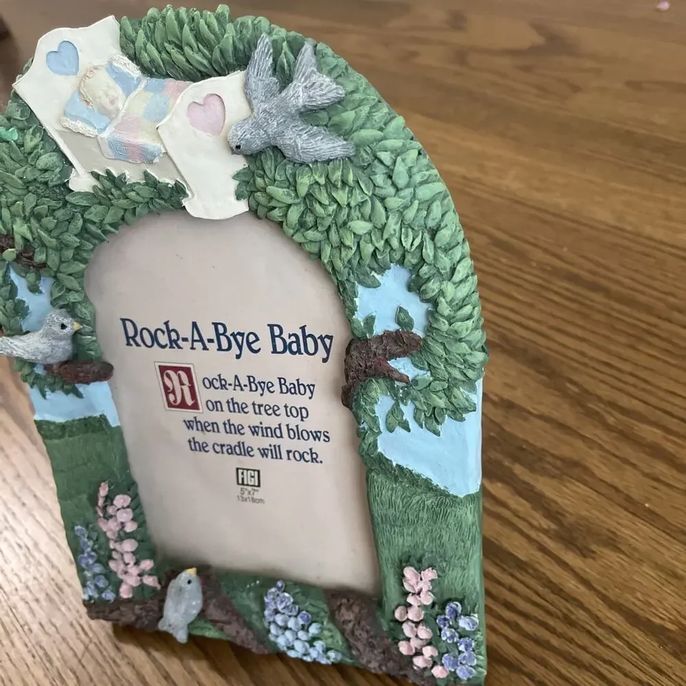 Vintage Baby Photo Frame 5x7 Rock A Bye Baby Nursery Textured Resin Trees Cradle